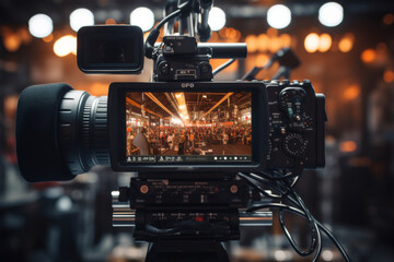 Close up of video camera with screen, blurred studio background with lights in the background 