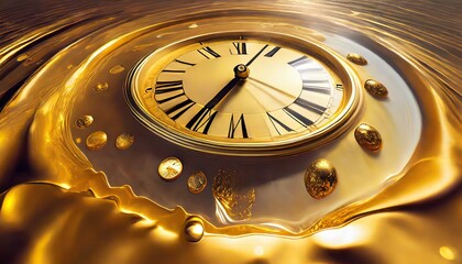  illustration of the illusion of time a surreal clock made of golden and mercury materials melting in a distorted and fluid manner - obrazy, fototapety, plakaty
