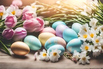 Obraz na płótnie Canvas Pastel colored Easter eggs and flowers on sunny light background. Moody atmospheric image
