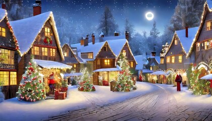 Fototapeta na wymiar christmas village with snow in a vintage style at xmas night winter village landscape celebrate the christmas and new year holidays with this beautiful christmas card little christmas town