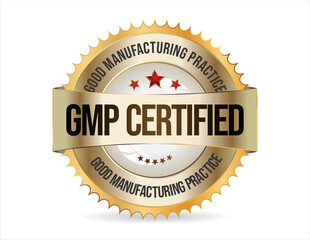 GMP Good Manufacturing Practice certified gold stamp on white background  