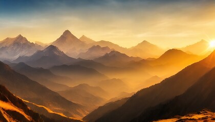 painting of panoramic view of great himalayan range at sunset with the mountains glowing in the warm light of the setting sun - obrazy, fototapety, plakaty