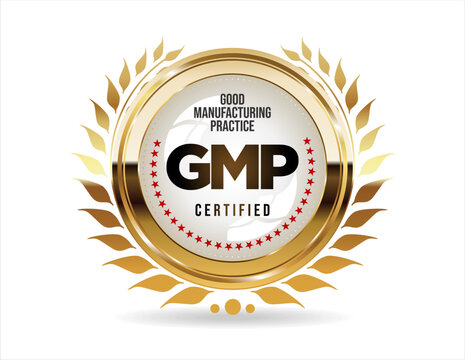 GMP Good Manufacturing Practice certified gold stamp on white background  