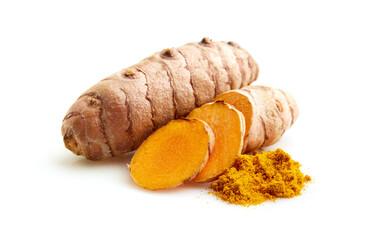 Turmeric root with powder in closeup on white background