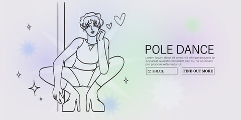 Young sexy female character in lingerie on high hills perform pole dance in fitness studio or competition. Modern fitness classes for women vector illustration. Poledancer stretching or exercising.