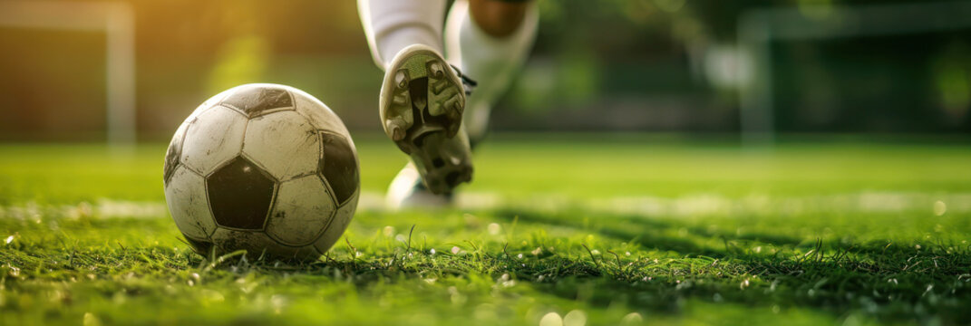 Fototapeta Soccer player kicking ball on blurred soccer field background with copy space.