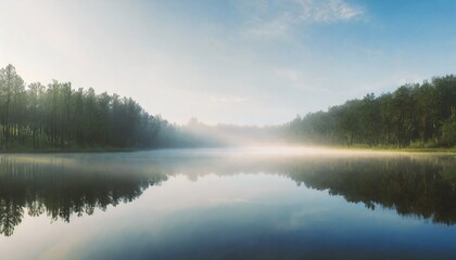 Fototapeta na wymiar foggy forest and lake at dawn