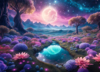 Fototapeta na wymiar This enchanting image captures a mystical landscape bathed in the soft glow of a radiant moon, making it an ideal choice for projects related to fantasy, nature, and serenity.