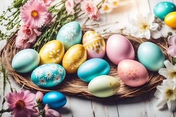 Fototapeta na wymiar Pastel colored Easter eggs and flowers on sunny light background. Moody atmospheric image