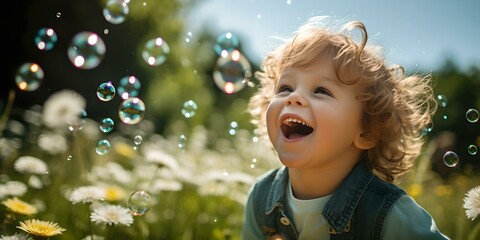 Joyful toddler laughing amidst soap bubbles on a sunny day. childhood bliss and playtime captured in a vibrant photo. AI