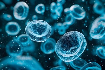 Floating Blue Endocrine Cells in Soft Focus Lens on Dark Background