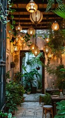 Fototapeta na wymiar Peaceful Alcove Adorned with Golden Lanterns and Plants