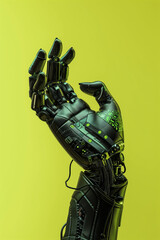 illustration of a close-up view of robot hand with analog tech glass gauntlet with bizarre black and green,