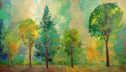 trees art drawing in different colors on a textural background scuffs photo wallpaper in the interior