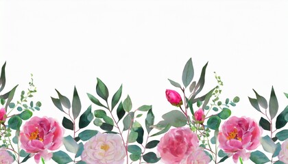 watercolor botanical leaf and buds roses peonies seamless herbal composition for wedding or greeting card spring border with leaves eucalyptus