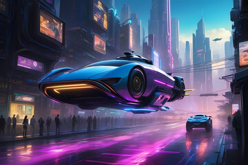 Future night city with flying car and futuristic neon glowing glass buildings, generative ai