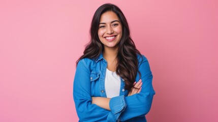 Fototapeta premium Smiling Woman in Blue Shirt on Pink Background