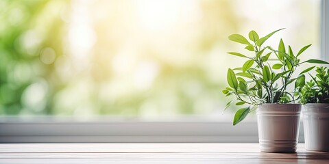 Blurred window background with small green plant on sill in kitchen.