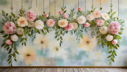 hanging flowers on the texture of a painted wall photo wallpaper in the interior of a house or institution