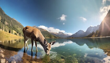 young deer drinks water in a mountain lake