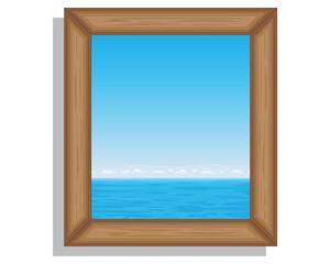 vector design of a photo frame in the form of a brown rectangular box made of wood with a view of a clear, cloudy sky and blue sea on the inside of the frame