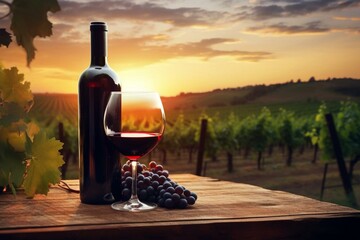 Red wine and bottle on wooden table with grape vines on blurred sunset vineyard landscape. Production at winery. Generative AI - obrazy, fototapety, plakaty