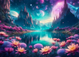 Obraz na płótnie Canvas This enchanting image captures a mystical landscape bathed in the soft glow of a radiant moon, making it an ideal choice for projects related to fantasy, nature, and serenity.