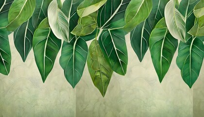 topical leaves hanging from the top large leaves art drawing on a texture background photo wallpaper in the room - obrazy, fototapety, plakaty