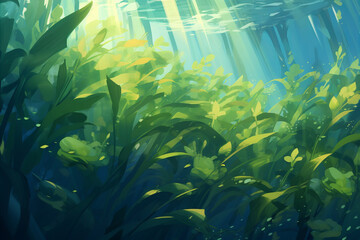 Fototapeta na wymiar Luminous Underwater Foliage in Sunlit Water