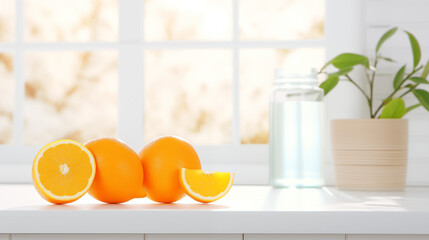 Oranges posées sur le comptoir d'une cuisine, à côté d'une fenêtre donnant sur un paysage ensoleillé et avec de la végétation. Ambiance lumineuse, très claire. Pour conception et création graphique.