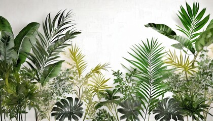 tropical leaves and plants tropical branches art drawing on a white background wall murals in the interior - obrazy, fototapety, plakaty