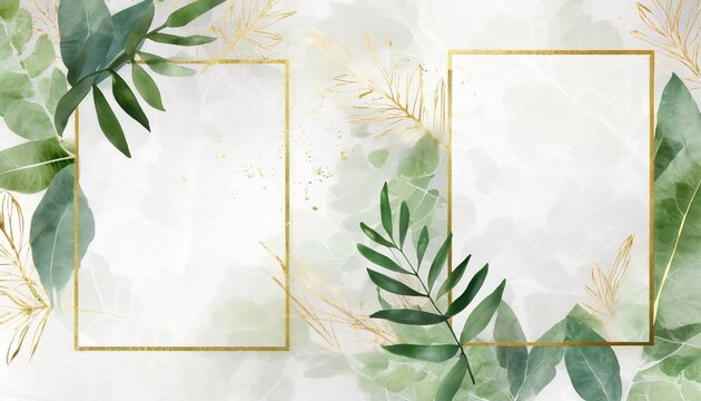 ready to use card herbal watercolor invitation design with leaves tropical watercolor background gold botanic illustration template for wedding frame