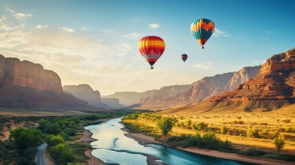 Hot air balloons fly over a beautiful canyon - obrazy, fototapety, plakaty