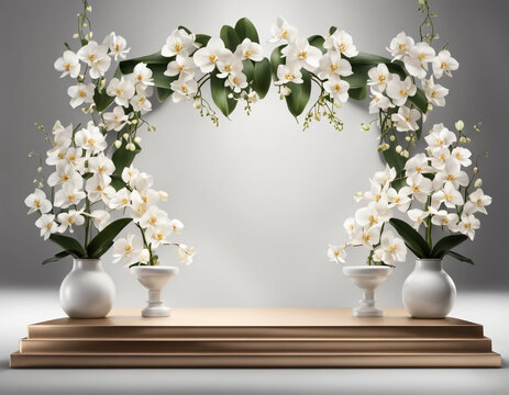 The image showcases a beautiful arrangement of white orchids with a golden background. The orchids are blooming from a plant with green leaves, positioned on a white pedestal with gold trim.