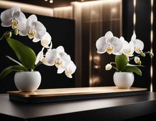 The image showcases a beautiful arrangement of white orchids with a golden background. The orchids are blooming from a plant with green leaves, positioned on a white pedestal with gold trim.