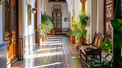 Fototapeta premium Reflective Tranquility in Sun-Bathed Ornate Hallway
