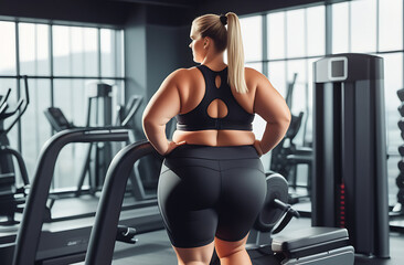 Fototapeta na wymiar girl plus size women in sports bras walking and running on the treadmill weight loss and exercise in the gym