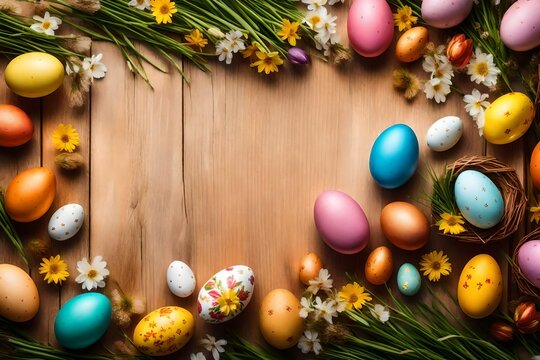 Pastel colored Easter eggs and flowers on sunny light background. Moody atmospheric image