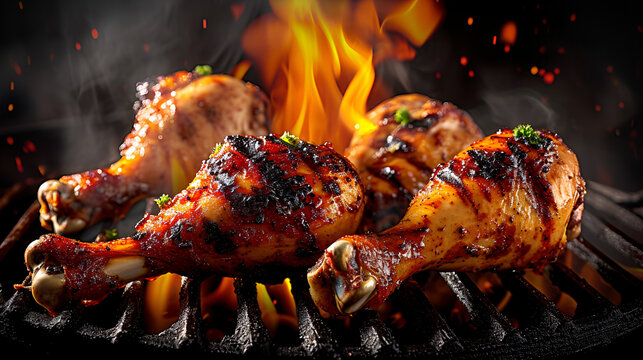 Seasoned juicy chicken drumsticks grilled on barbecue with fire and smoke background, Generative Ai