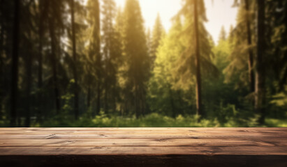 Naklejka na ściany i meble Empty rustic old wooden boards table copy space with blurred calm forest background. Product display template. Generative AI