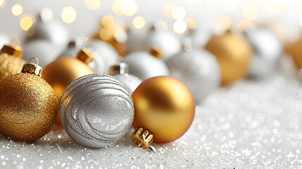 Silver and gold Christmas decorations on a white background Generative AI