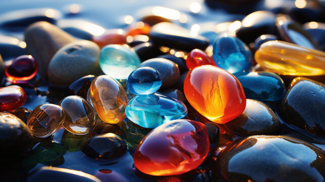 A beach filled with colorful glass pebbles at sunset