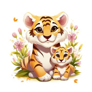 Illustration of a tiger family with flowers on a white background.