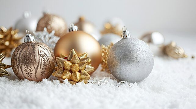 Silver and gold Christmas decorations on a white background Generative AI