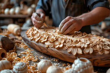 A carpenter's workshop with a woodworking bench covered in wood shavings and intricate carvings. Created with generative AI.