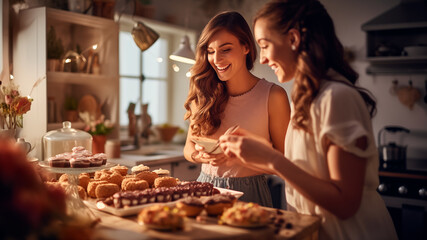Happy loving female couple preparing together baking cookies in the kitchen. Generative AI