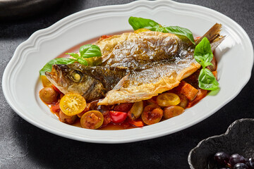 Roasted sea bass with cherry tomatoes and basil leaves in an elegant style
