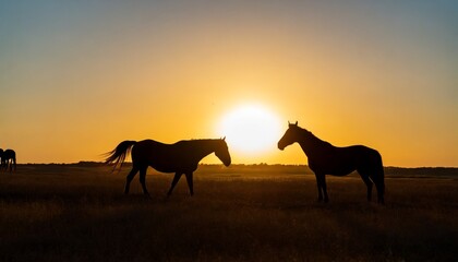 Fototapeta na wymiar horses silhouette in the meadow with a beautiful sunset