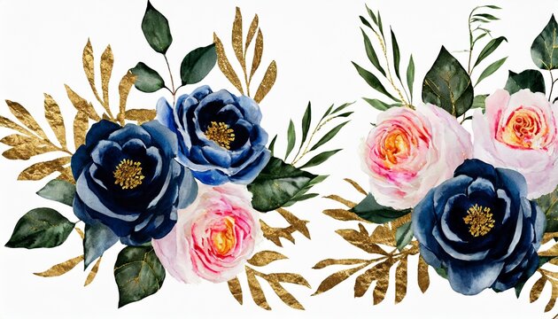 watercolor navy blue bouquet gold leaves botanical clip art drawing peonies roses herbs wedding invitation design