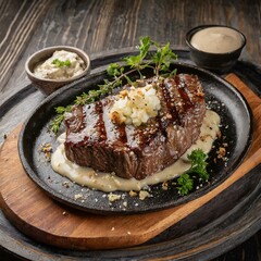 ジューシーなビーフステーキに、ガーリックソースがたっぷり絡んだ、贅沢な一品